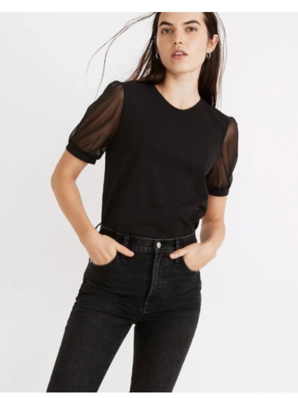 Sheer-Sleeve Black Tee Shirt Going Out Top Black T Shirt Date Night Cap Sleeve